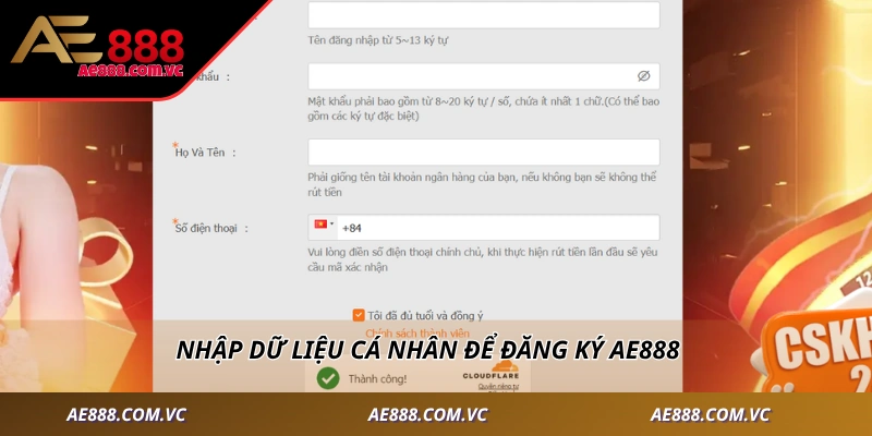 Nhập dữ liệu cá nhân để đăng ký AE888