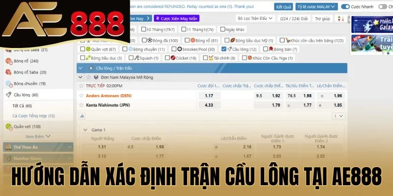 Hướng dẫn xác định trận cầu lông tại AE888