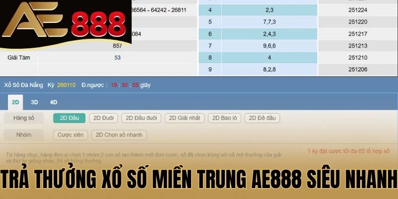 Trả thưởng Xổ số miền trung AE888 siêu nhanh